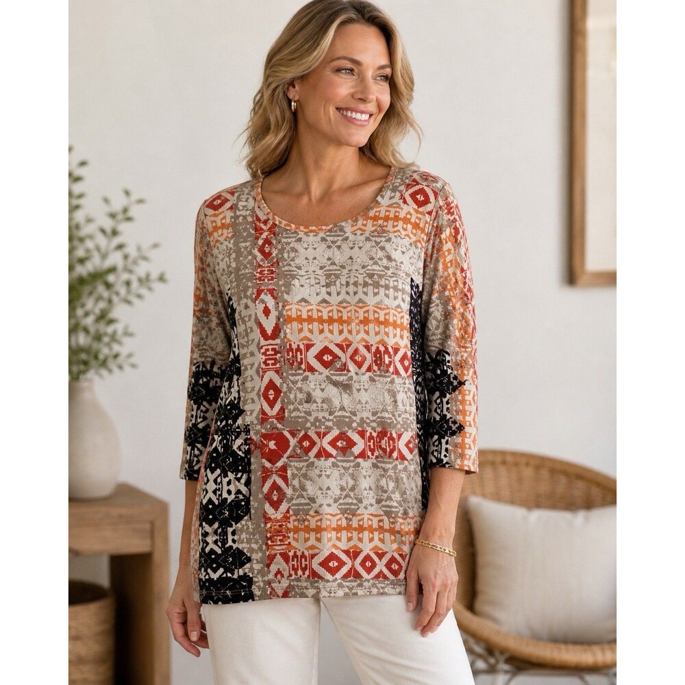 NIC+ZOE Linen Blend Boho Geometric Print Top 3/4 Sleeve Medium
